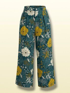 Johnny Was Teal Floral Viscose Rayon Front Pleat Wide Leg Cropped Pants S